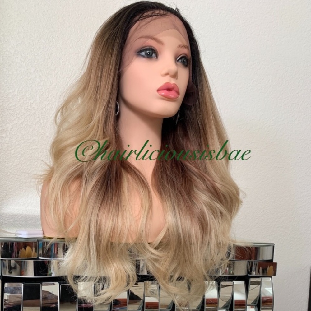 Frontal wig ash blonde ombré wavy layered long